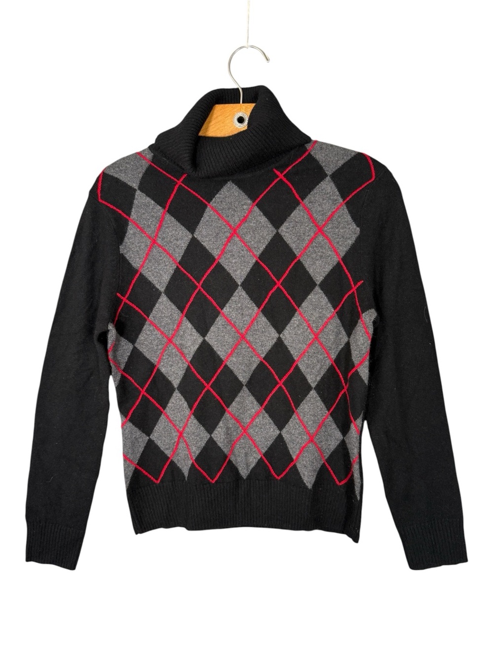 Jones New York 100% Cashmere Argyle Turtleneck Sweater Academia Preppy Classic S